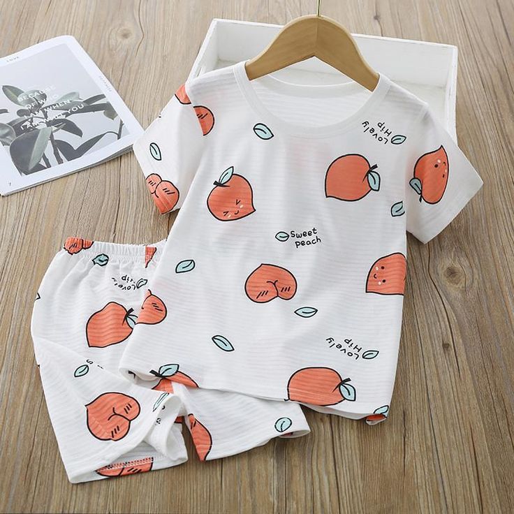 Grow Boy Peach Print Pajamas Sets - PrettyKid White Cartoon Print Sleepwear Set, Printed White Sleepover Sets, White Printed Sleepover Sets, White Cartoon Print Sleepwear For Summer, Casual Orange Bedtime Set, Playful Orange Sleepwear For Sleepovers, Playful Orange Loungewear Sets, Playful Summer Sleepwear With Cartoon Print, Playful Orange Playwear Sets