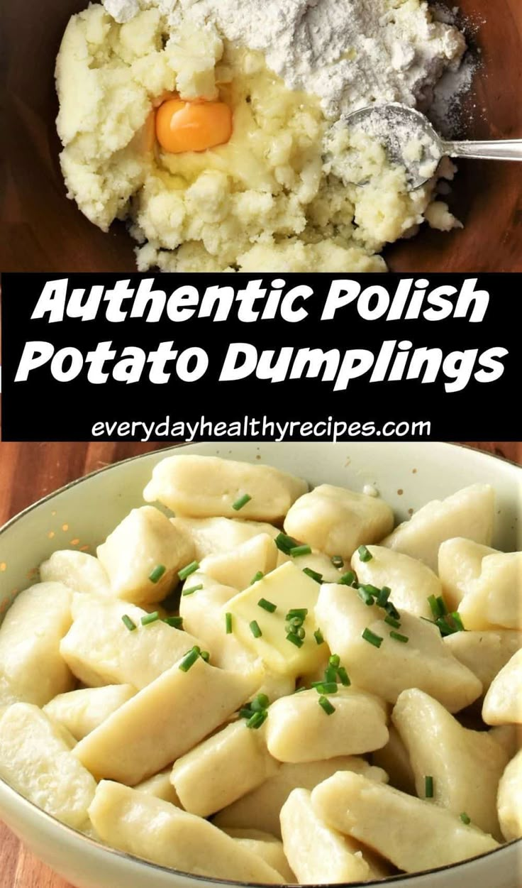 two pictures showing different types of potato dumplings with text overlay that reads authentic polish potato dumplings