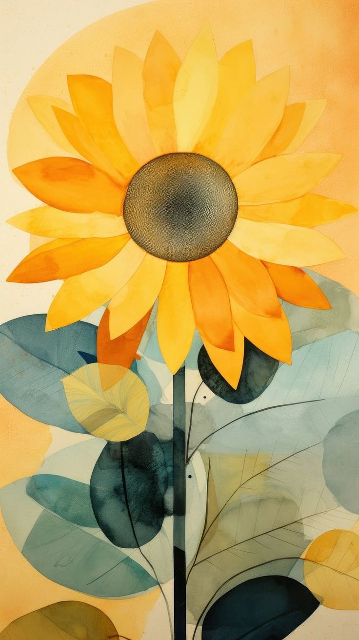 a painting of a yellow sunflower with leaves