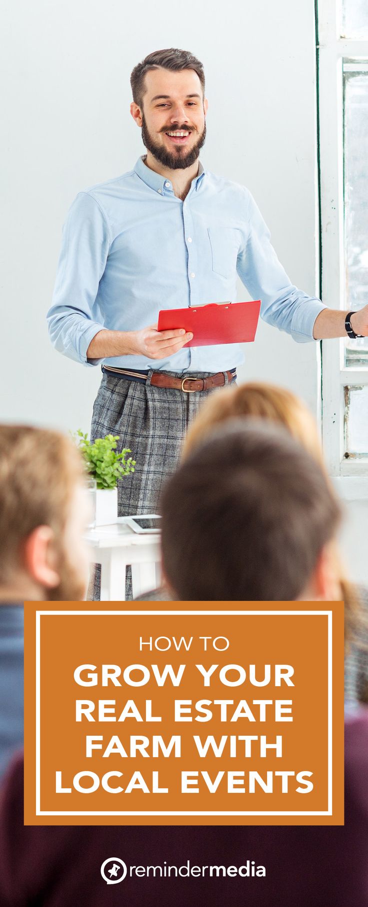 a man standing in front of a group of people with text overlay that reads how to grow your real estate farm with local events