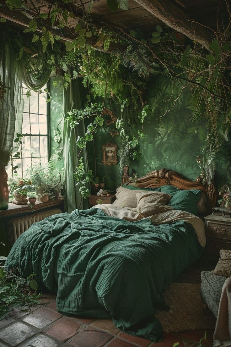 a bedroom with green walls and plants growing on the wall above the bed, along with brick flooring