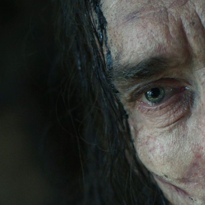 an old man with long hair and eyes looking at the camera