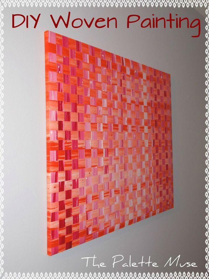 an orange and pink painting on the wall with text overlay that reads diy woven painting