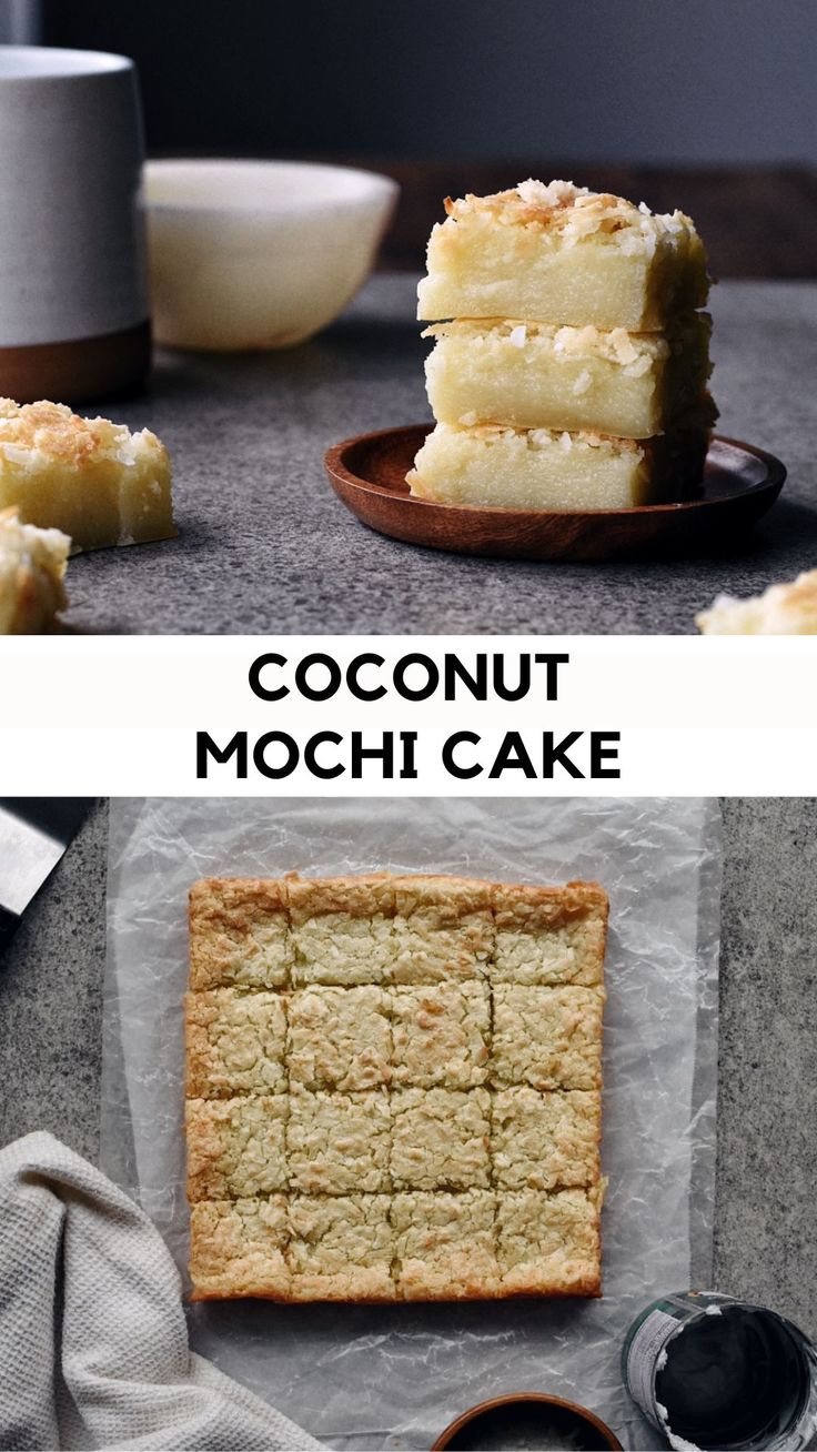 coconut mochi cake is cut in half and served on a plate