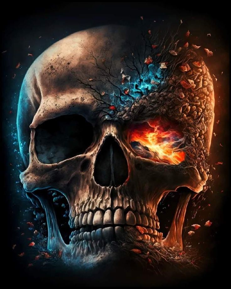 a skull with fire and flames on it's face is shown in this image