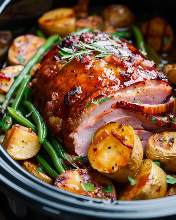 ham and potatoes in a slow cooker with garnishes on the side