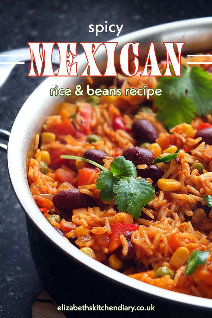 mexican rice and beans recipe with cilantro in a white bowl on a black table