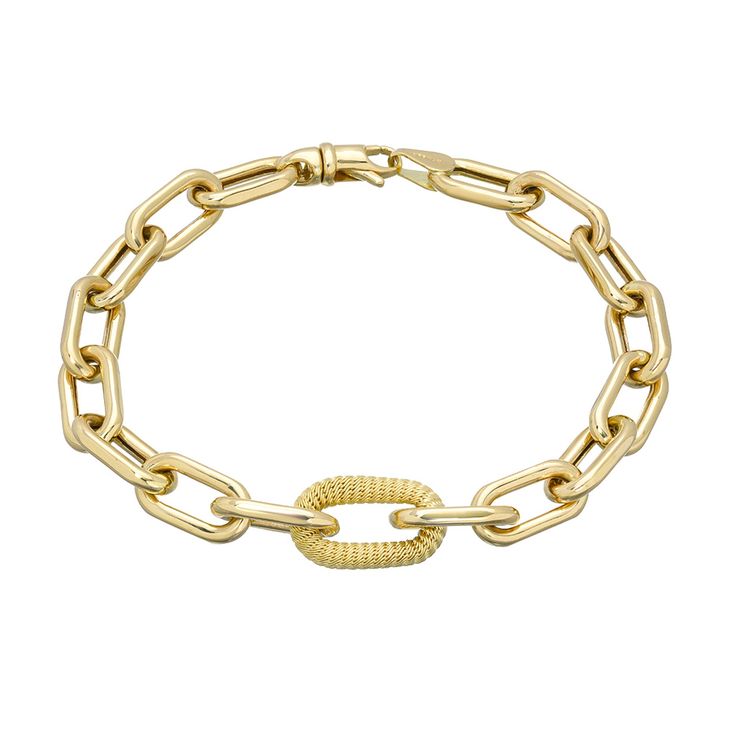 "This Italian handcrafted chain link bracelet is completely composed of 14K solid gold and is uniquely made with a semi-hollow interior for comfortable everyday wear that will not dent. The chain is centered with a slightly larger link which is uniquely finished with a rope detail pattern throughout the link. This bracelet is available in 4 different length options. ♦ Total Length: your choice of 6.5, 7, 7.5 or 8 inches ♦ Link Dimensions: approximately 7mm (w) x 13.5mm (l) x 2.2mm thick ♦ Rope L Classic Gold Oval Link Bracelet With Hooks, Classic Gold Bracelet With Oval Link, Classic Gold Chain Bracelet With Hooks And Links, Yellow Gold Chain Link Bracelet With Hook And Links, Gold Link Bracelet With Hook And Links, Yellow Gold Link Chain Bracelet With Hook, Gold Chain Bracelet With Hooks And Links, Formal Gold Bracelet With Oval Link And Hooks, Formal Gold Oval Link Bracelet With Hook