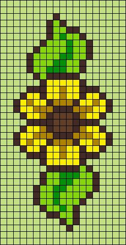 a green and yellow pixellated pattern with an image of a flower on the side