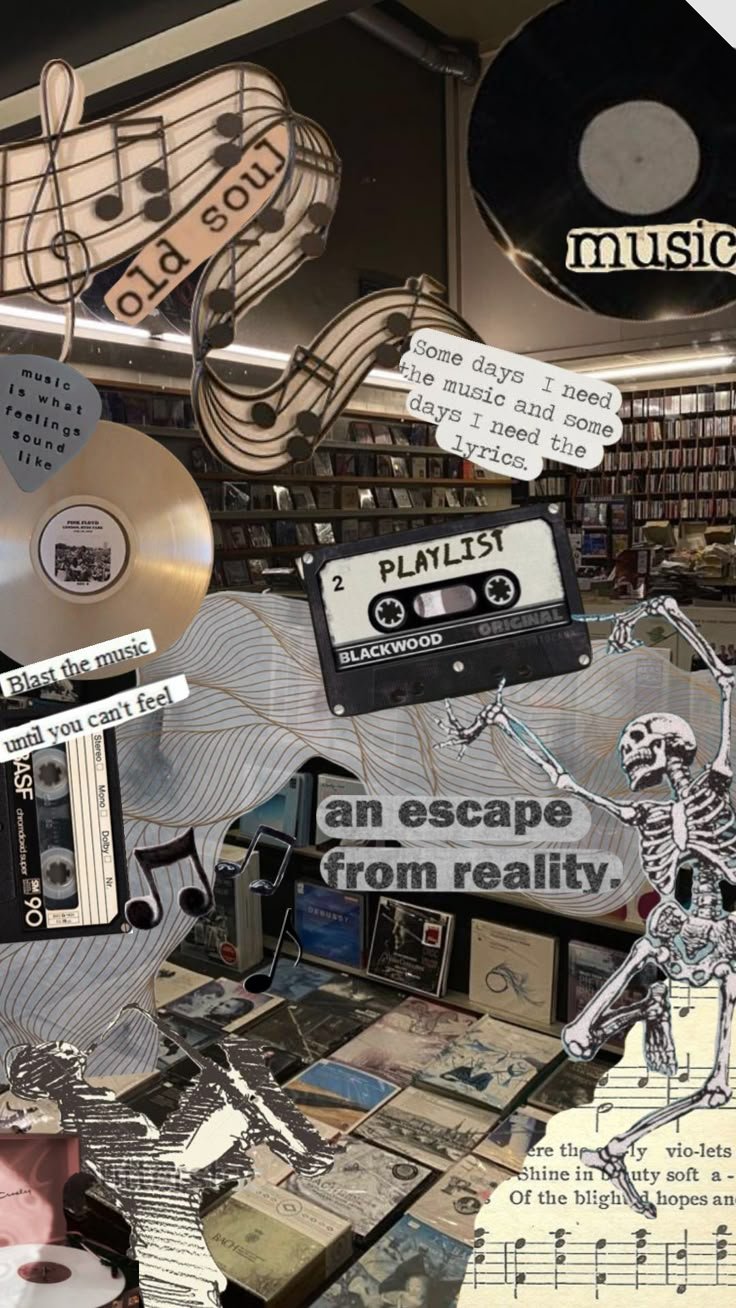 an escape from reality is displayed in a music store with record players and musical notes