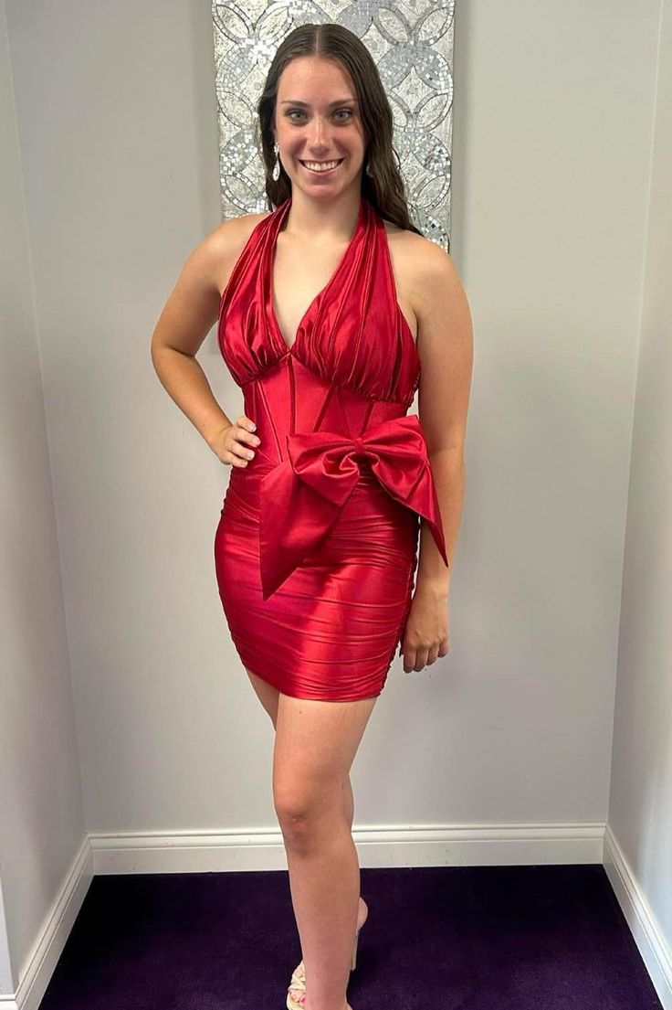 Expertly crafted with a sleek satin material and stunning red hue, this bodycon mini dress features a flattering halter neckline and falls just above the knee. Adding an extra touch of charm, a delicate bow adorns the side. SKU: 3645 Satin material Red color Bodycon silhouette Halter neck Above knee length Bow in side Zip-up back Highly suggest custom size for plus size. Ship in 7-10 business days. We offer free returns in 7 days. Please refer to our return policy page for more details. If you h Bodycon Homecoming Dresses, Mini Dress With Bow, Bodycon Dress Homecoming, Mini Homecoming Dresses, Satin Homecoming Dress, Tight Mini Dress, Red Bodycon, Pleated Mini Dress, Beauty Stuff