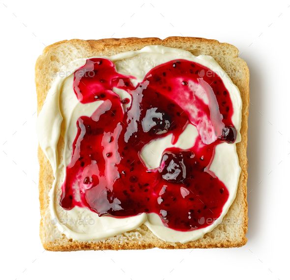 a piece of bread with cream and jelly on it