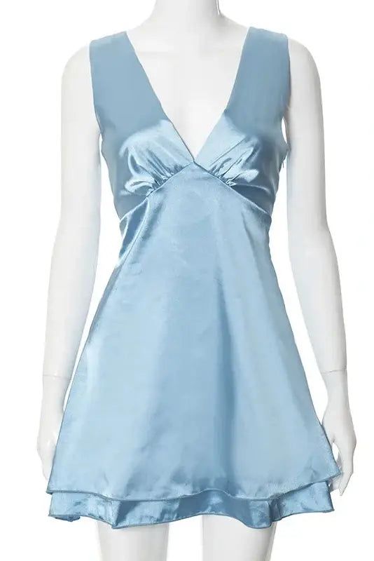 48083438371093|48083438403861|48083438436629 Light Blue Sleeveless Evening Dress, Sleeveless Satin Dress With Ruffles, Elegant Light Blue Sleeveless Dress For Summer, Elegant Light Blue Sleeveless Summer Dress, Sleeveless Satin Mini Dress, Sleeveless Satin Mini Dress In Dressy Style, Satin Sleeveless Dressy Mini Dress, Light Blue Sundress For Party, Solid Sleeveless Satin Mini Dress