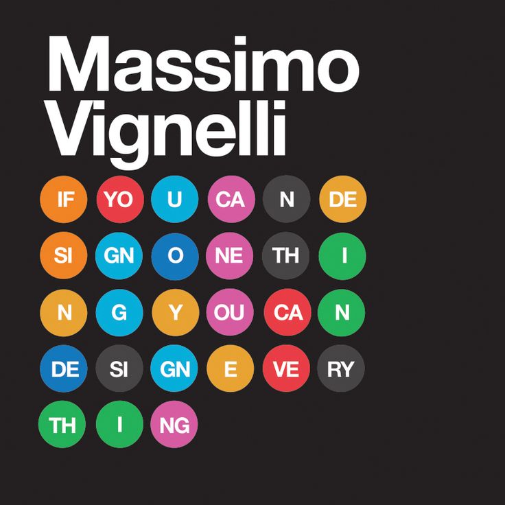 the words massmo vignelli are arranged in different colors and shapes on a black background