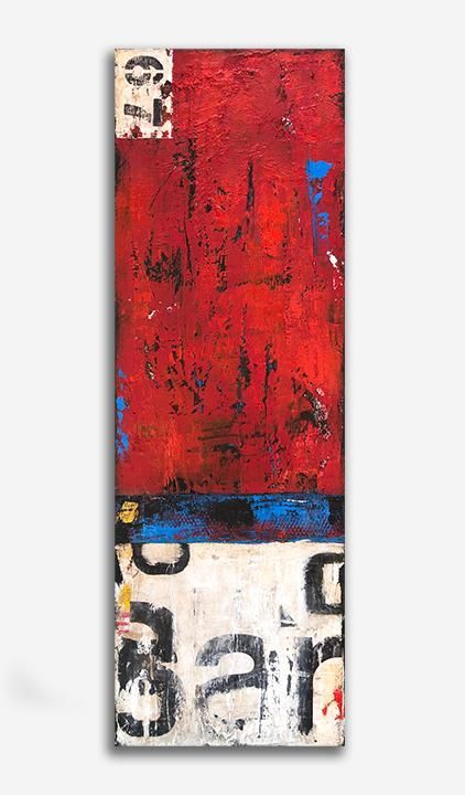 an abstract painting with red, white and blue colors