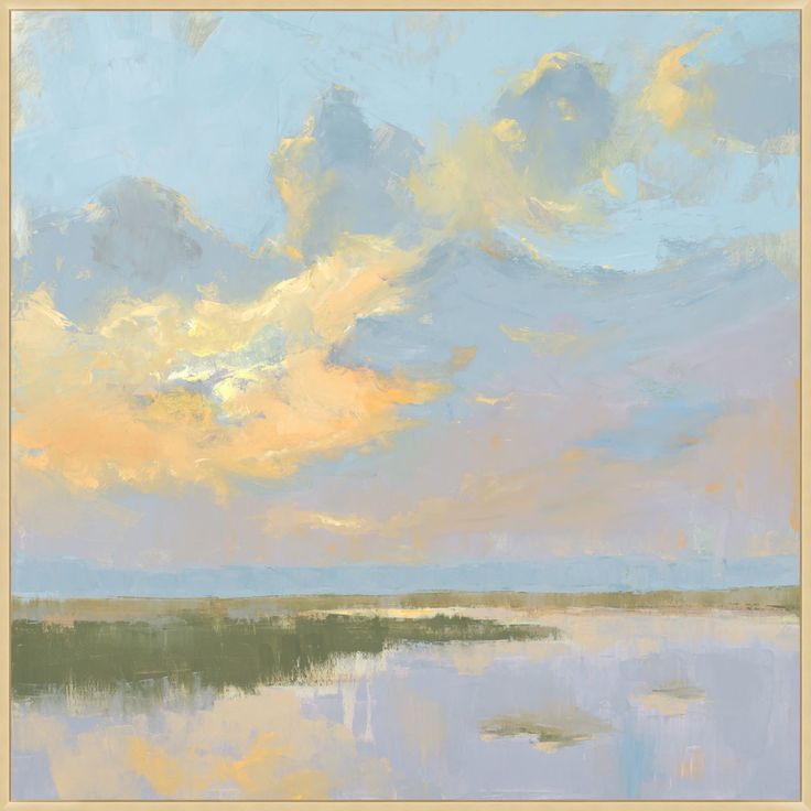 an oil painting of the sky and clouds over a body of water with calm waters