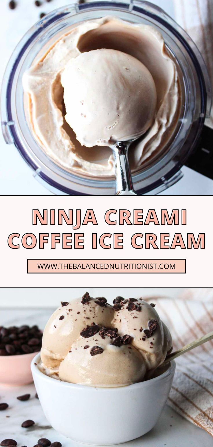 an ice cream in a bowl with chocolate chips around it and the words, ninja cream coffee ice cream