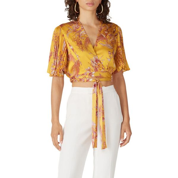 Yellow and pink printed chiffon (100% Polyester). Top. Short sleeves. V-neckline. Tie closure. Fully lined. 16" from shoulder to hemline. Imported. Silk V-neck Printed Tops, Feminine V-neck Printed Blouse, Feminine Yellow V-neck Blouse, Elegant Surplice Neckline Tops For Summer, Yellow Silk Top With Floral Print, Yellow Floral Print Silk Blouse, Yellow Floral Print Silk Tops, Yellow Silk Blouse With Floral Print, Yellow Floral Print Party Blouse