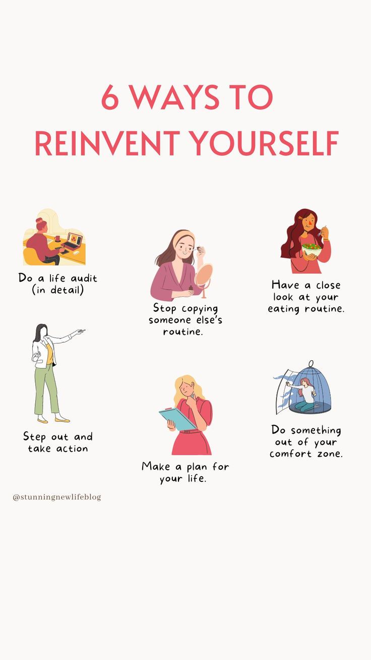 the six ways to reinent yourself poster is shown in red, white and blue