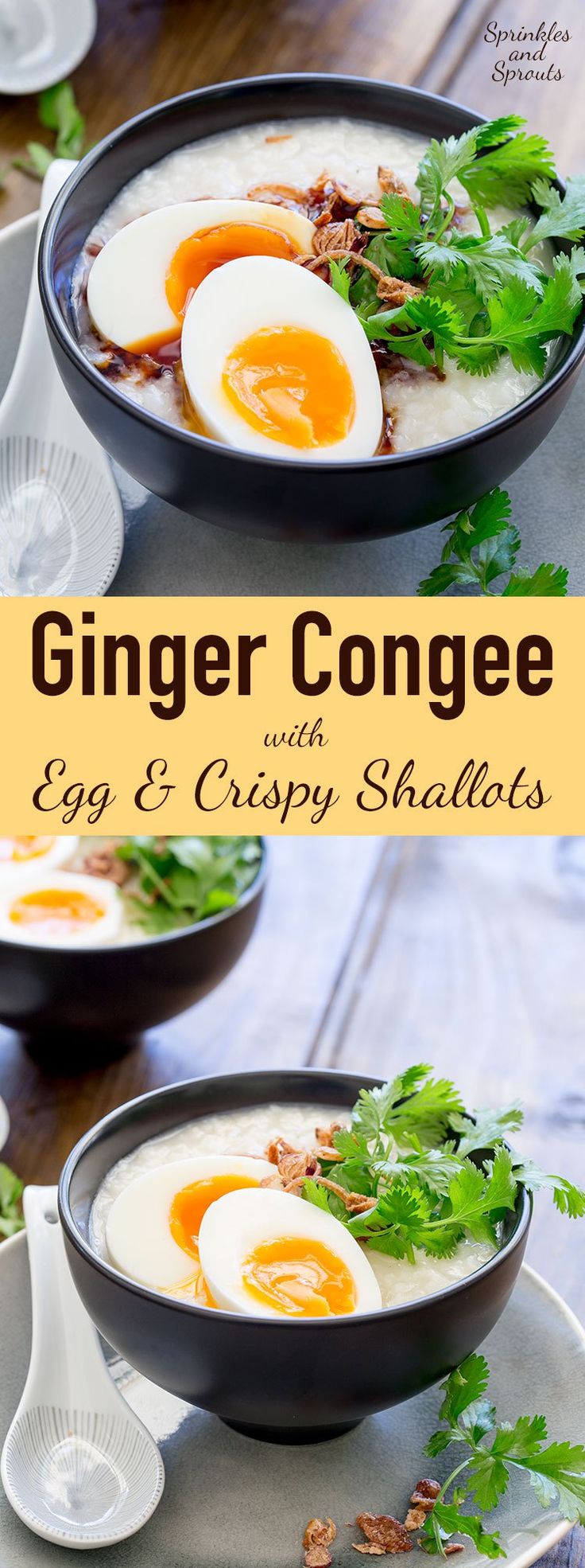 an egg and crispy salad in a bowl on a plate with the title ginger congee