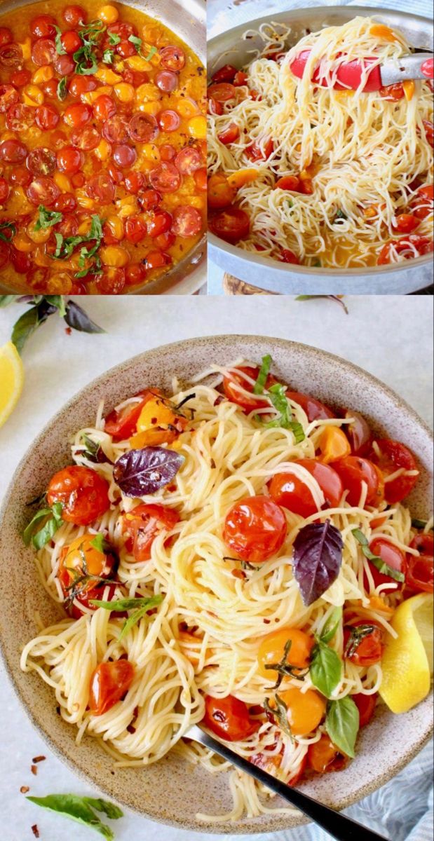 four pictures showing different types of pasta and vegetables