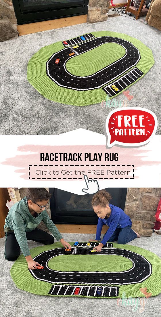 two children playing with race track play rugs