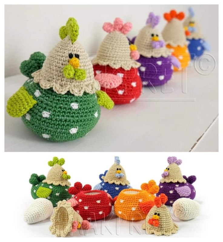 several crocheted stuffed animals sitting next to each other