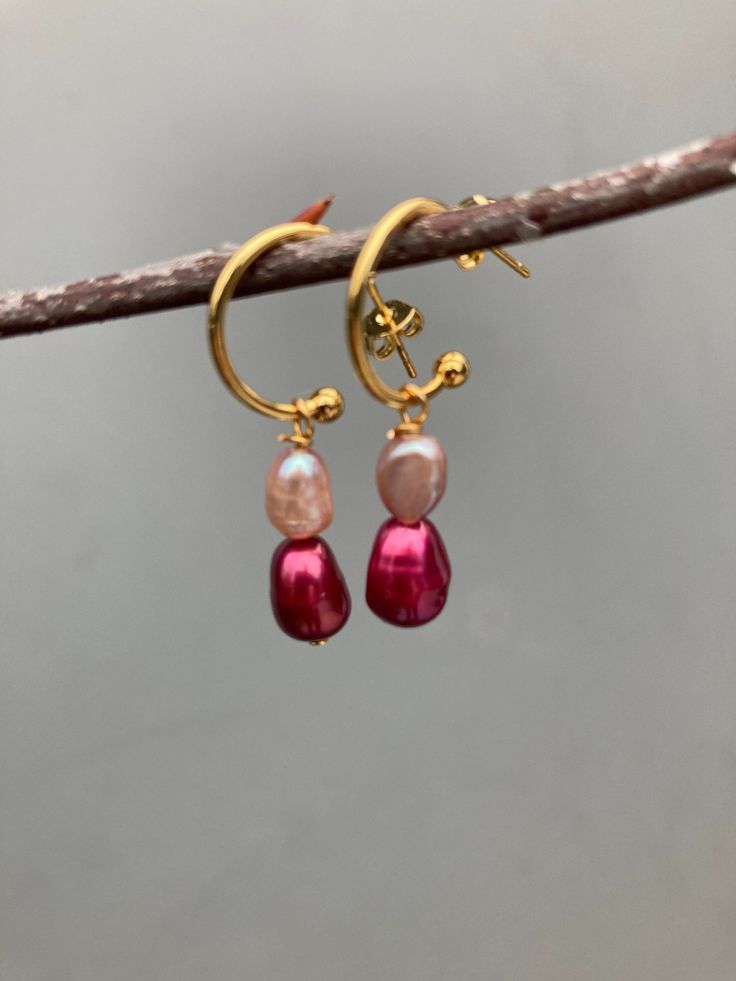 Perfect gift for a loved one Deep red and delicate pink freshwater pearls suspended from 18k gold plated silver half hoop huggie earrings Pierced Jewelry, Beautiful Gift Wrapping, Huggie Earrings, Pink Pearl, Jewelry Earrings Hoops, Pearl Drop Earrings, Pearl Drop, Gold Plated Silver, Huggies Earrings