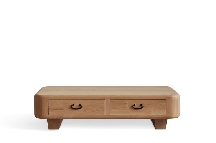 a wooden bench with two drawers on it's legs and one drawer open to show the