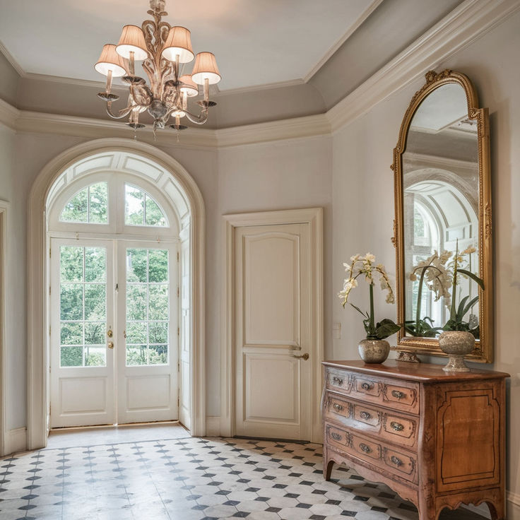 8 Ways To Decorate Your Lobby and Foyer For a Grand Entrance Historic Home Foyer, Marble Foyer Entryway, Tall Entry Way Ideas, Large Mirror Decor, French Entryway, Victorian Foyer, Classic Foyer, Marble Foyer, Traditional Foyer