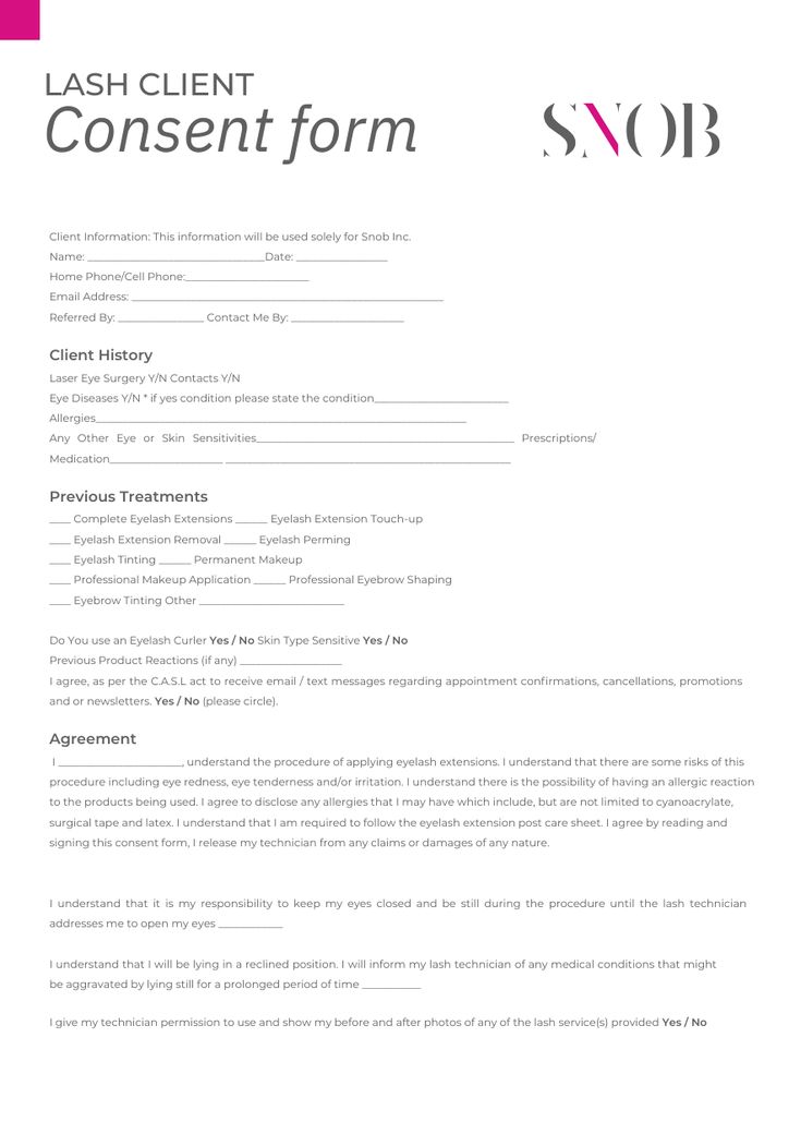 Ensure client safety with the SNOB Lash Client Consent Form. This detailed document covers all relevant safety information regarding eyelash extension treatments. With a comprehensive list of client details, this form ensures both client and technician satisfaction. Ensure that all lash treatments are discussed and client expectations are clear before proceeding. A must-have for any lash artists. ��📲 Downloadable .PDF 📲 Editable Canva Template Eyelash Extensions Consent Form, Lash Consent Forms Templates, Lash Consent Form, Eyelash Lift And Tint, Small Business Marketing Plan, Tech Room, Eyelash Tips, Hair Extension Shop, Lash Business