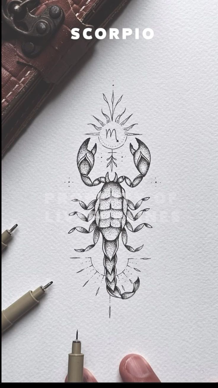 a drawing of a scorpion on paper next to some pens and inking supplies with the caption scorpio