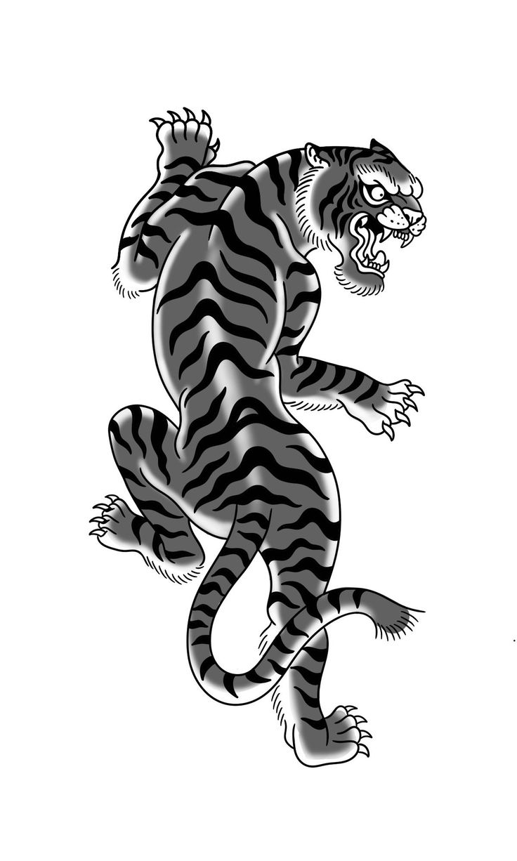 a black and white drawing of a tiger on its hind legs with one paw in the air