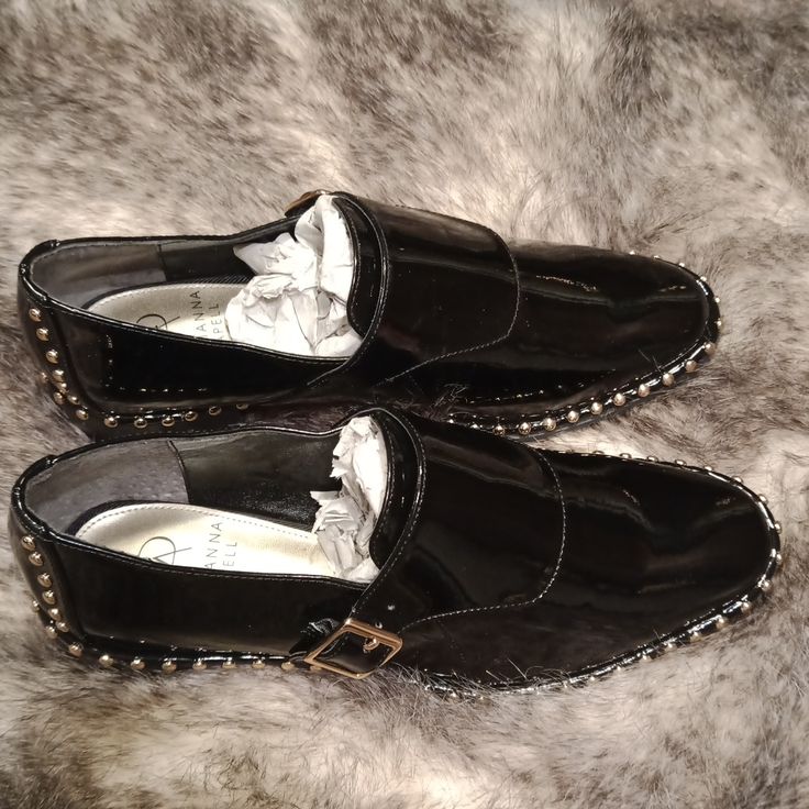 New No Tag Very Elegant High Gloss Patent Leather Loafers With Gold Studs Chic Party Flats With Studded Rubber Outsoles, Formal Black Flats With Studded Outsoles, Black Flat Loafers For Party, Flat Black Loafers For Party, Evening Loafers For Spring With Closed Toe, Spring Evening Loafers With Closed Toe, Formal Flats With Studs And Round Toe, Party Flats With Studs And Closed Toe, Black Loafers For Spring Party