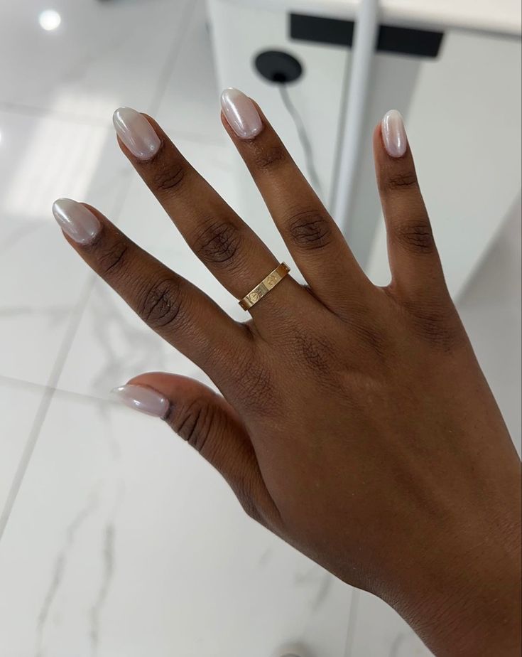 Bridal Nails For Black Brides, Black Bride Nails, Wedding Nails For Black Bride, White Engagement Nails, Minimalist Natural Nails, Chrome Nails On Dark Skin, Wedding Nails Black Women, Natural Bridal Nails, Black Tie Nails Classy