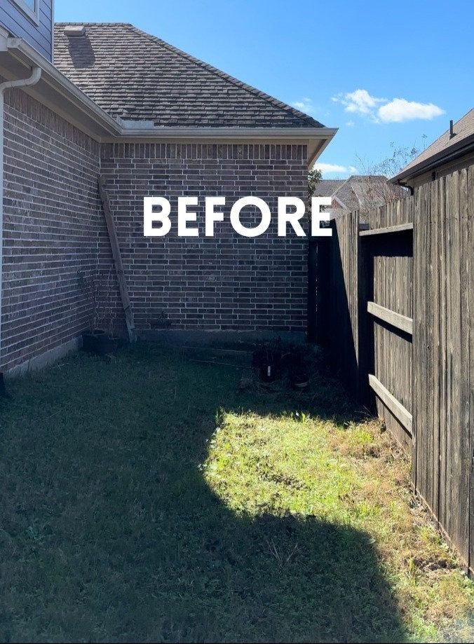 before and after photos of a home's yard with the word overlaying it