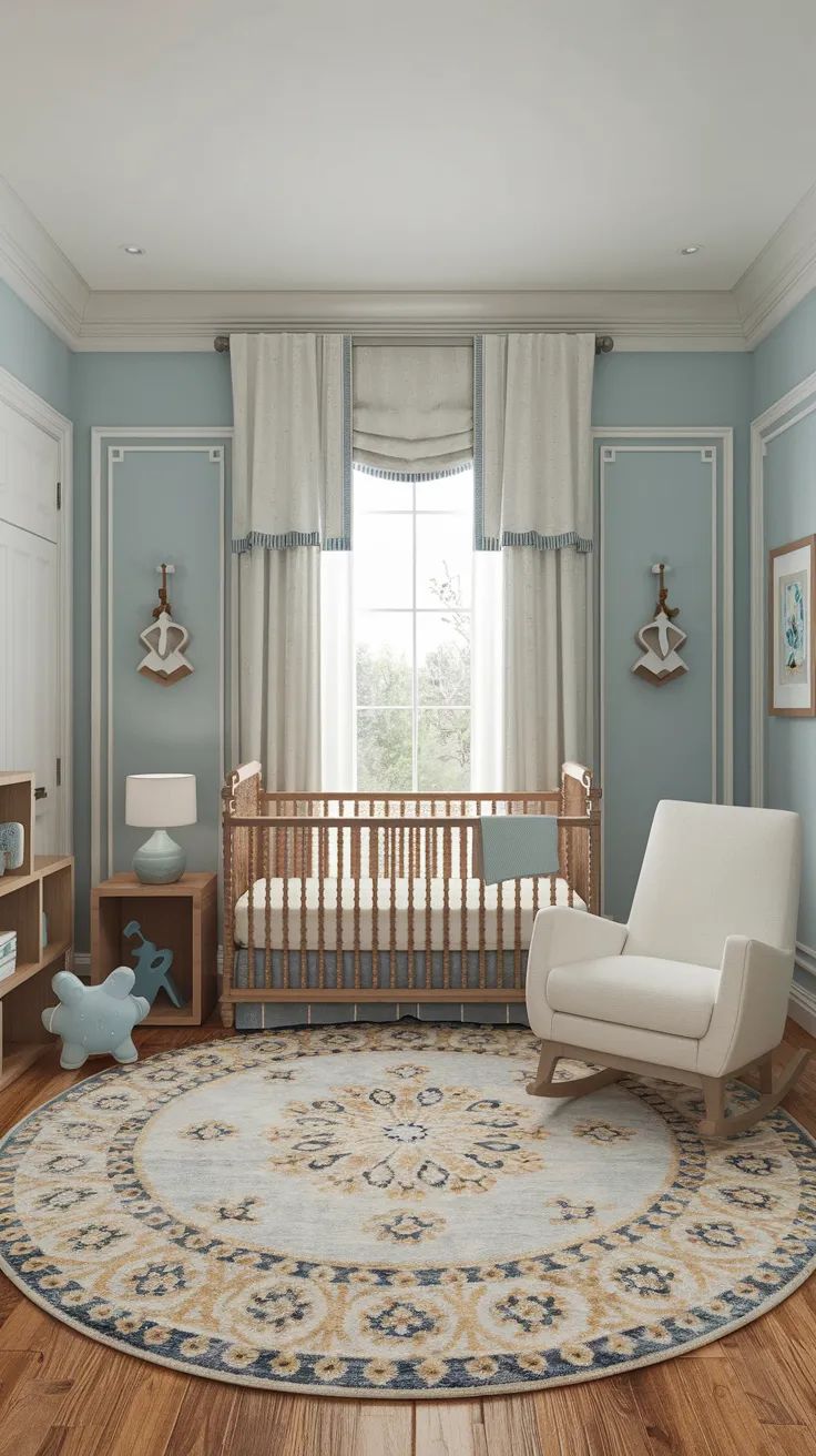 neutral baby nursery with vintage rug and blue walls. Sailboat Nursery Neutral, Powder Blue Nursery, Expensive Nursery, Blue Nursery Girl, Sailboat Nursery, Nursery Design Neutral, Brown Nursery, Teal Nursery, Beige Nursery