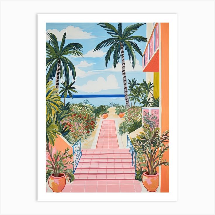 a painting of stairs leading to the beach with palm trees and flowers on either side