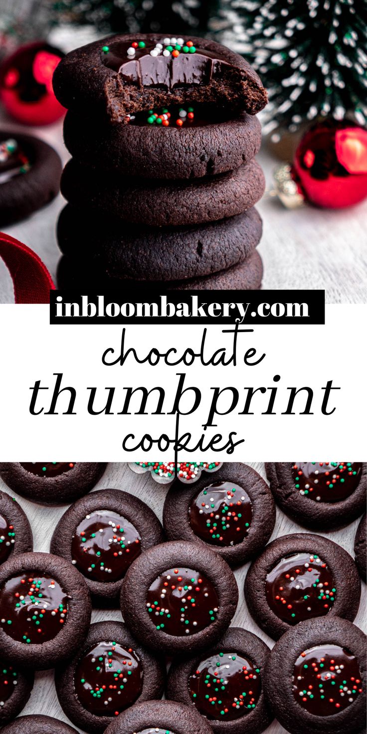 chocolate thumbprint cookies stacked on top of each other with christmas decorations in the background