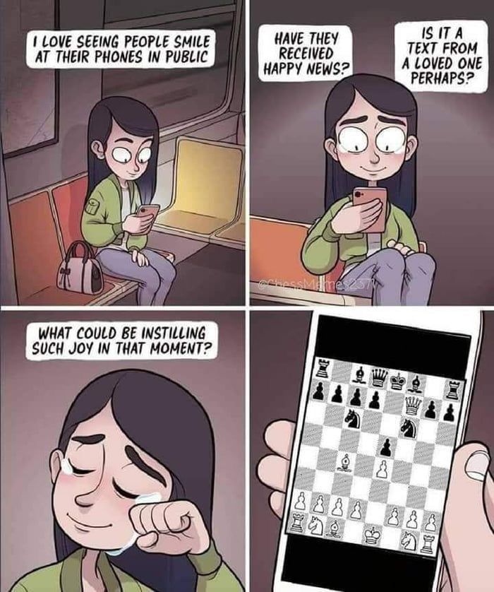 a comic strip with an image of a woman playing chess on her phone and the caption says, i love seeing people smile at their phones in public