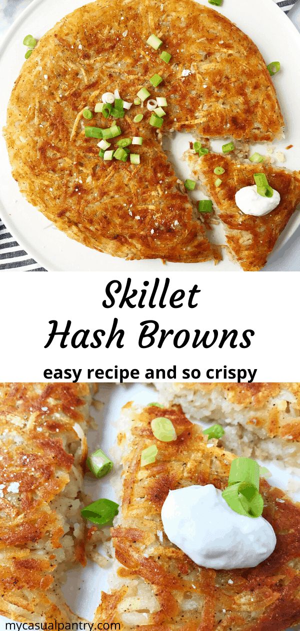 skillet hash browns with sour cream and scallions on top, served in a white plate