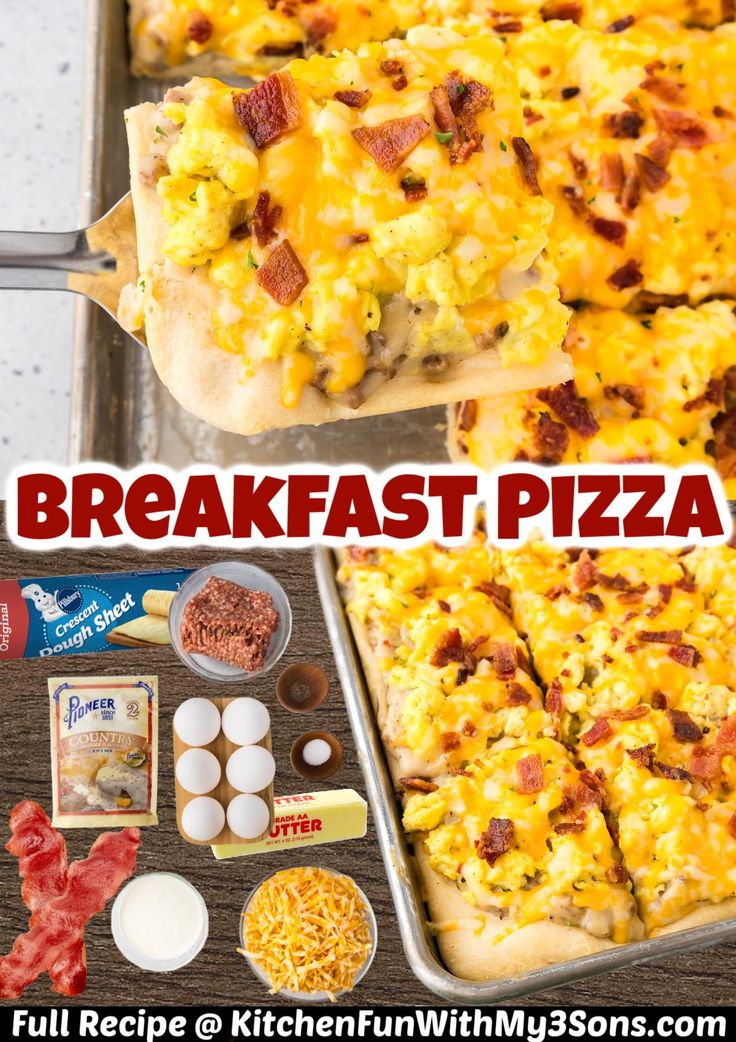 this breakfast pizza is ready to be eaten with eggs, bacon and cheese on it