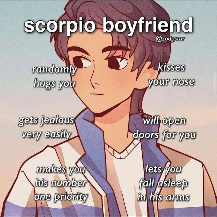 an anime character with the words scorpio boyfriend in front of him and his name