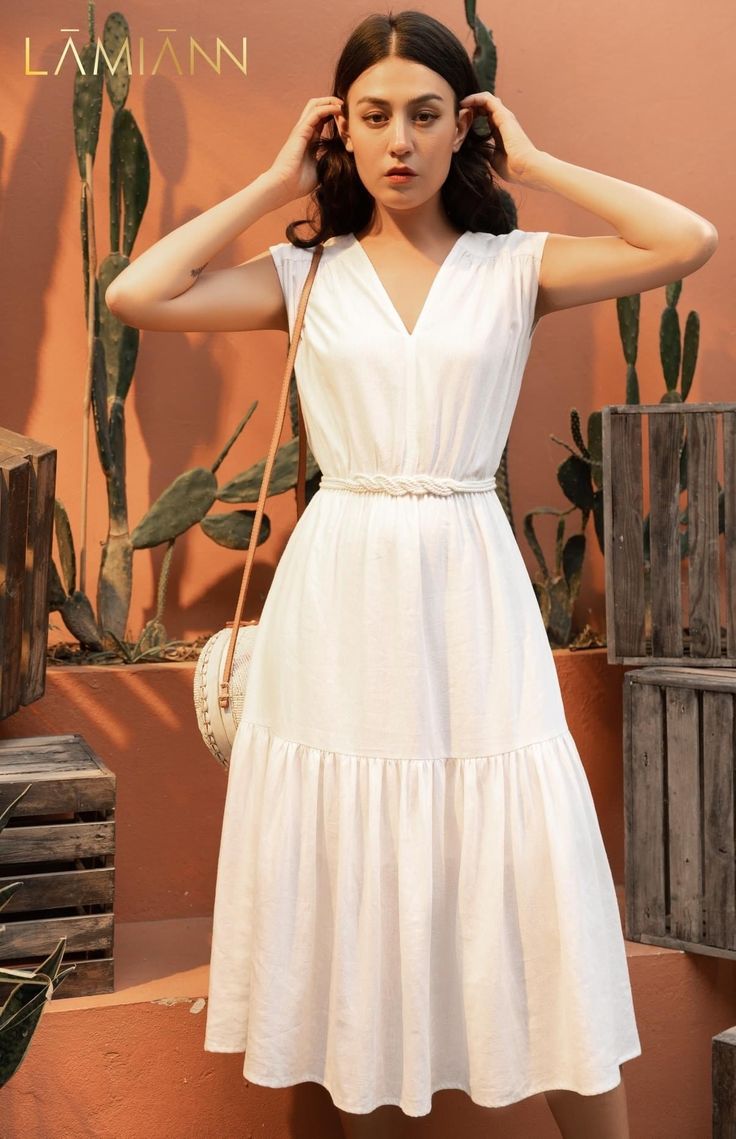 Squareneck Longsleeves Outfit, Girl Outfits Ideas, White Dress Beach, Casual Outfit Summer, Summer Outfits Casual, Above The Knee Dress, Simple Frock Design, Outfits For Summer, Simple Frocks