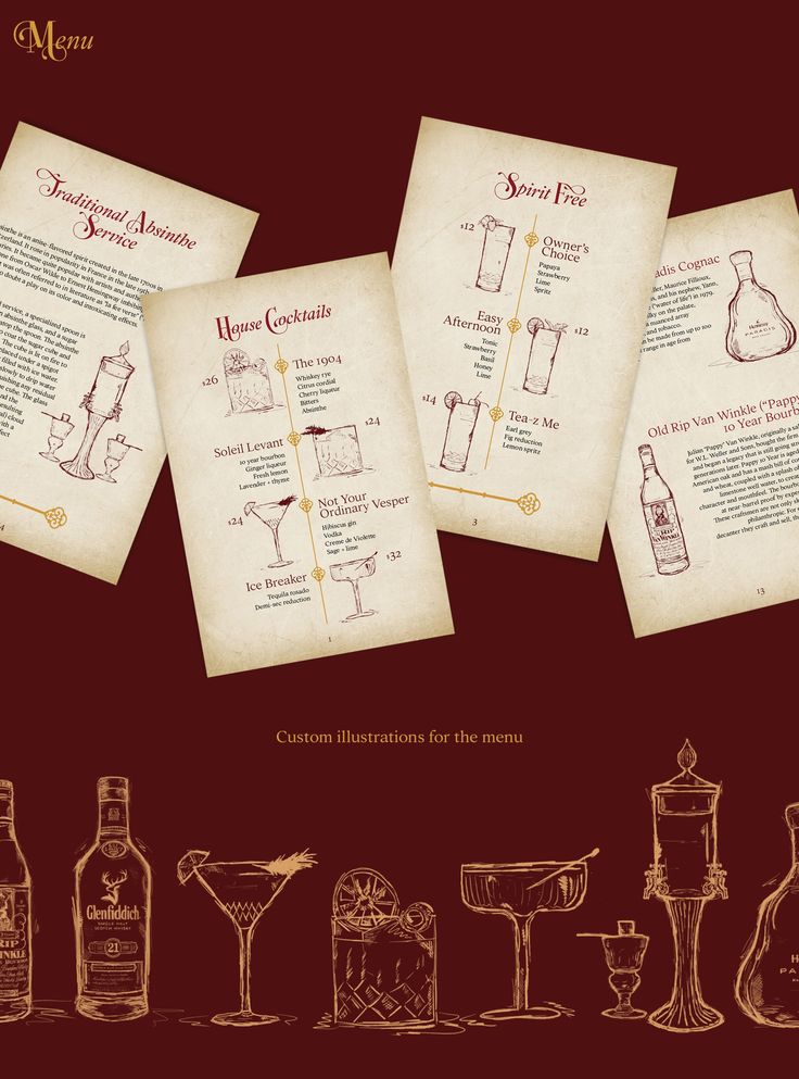 three menus with wine glasses and bottles on the bottom one has an old - fashioned design