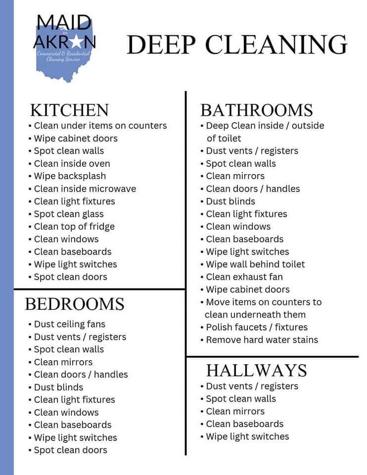 a cleaning checklist with the words maid arkn and deep cleaning written in black