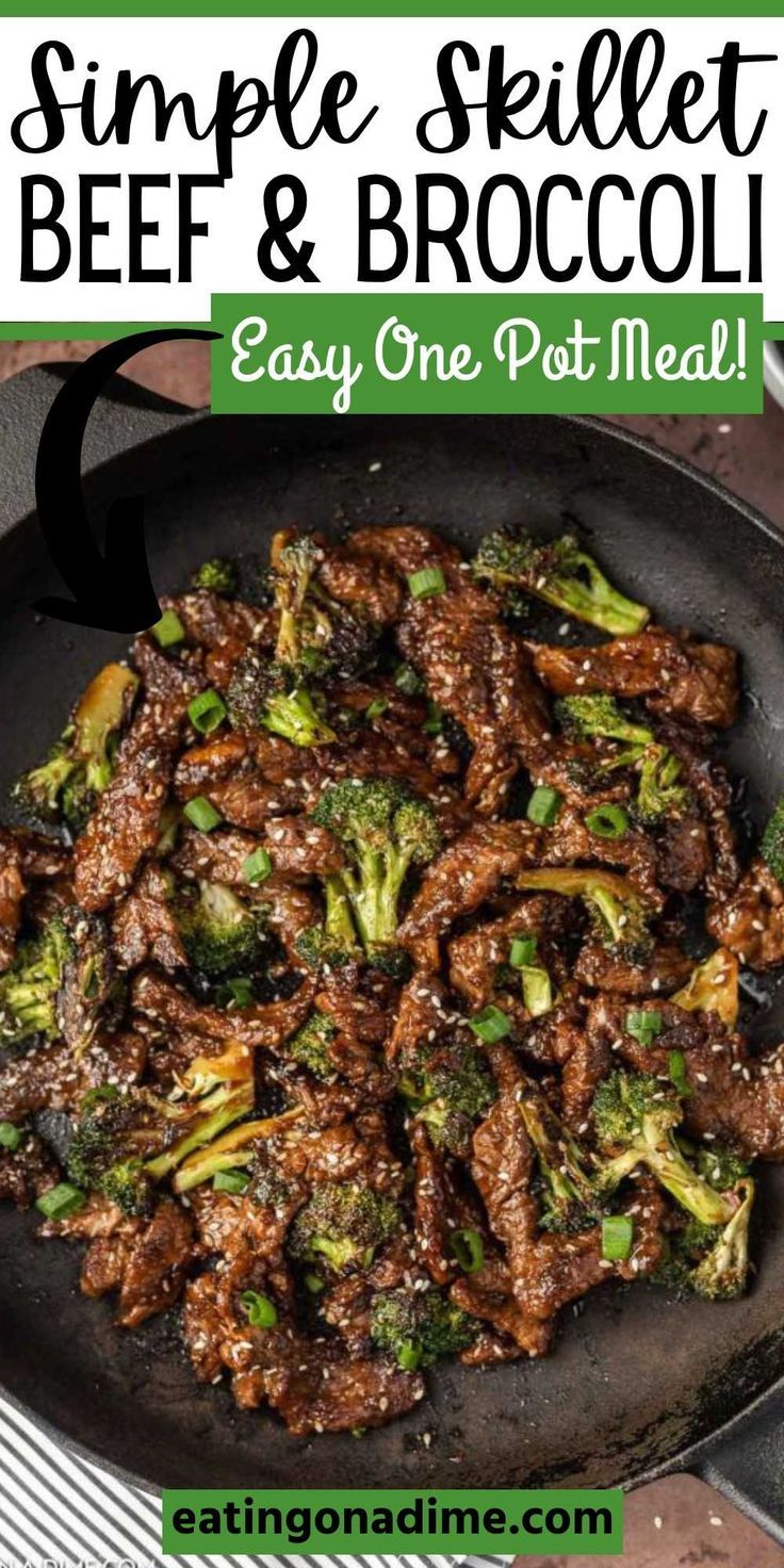 beef and broccoli stir frying in a skillet with text overlay