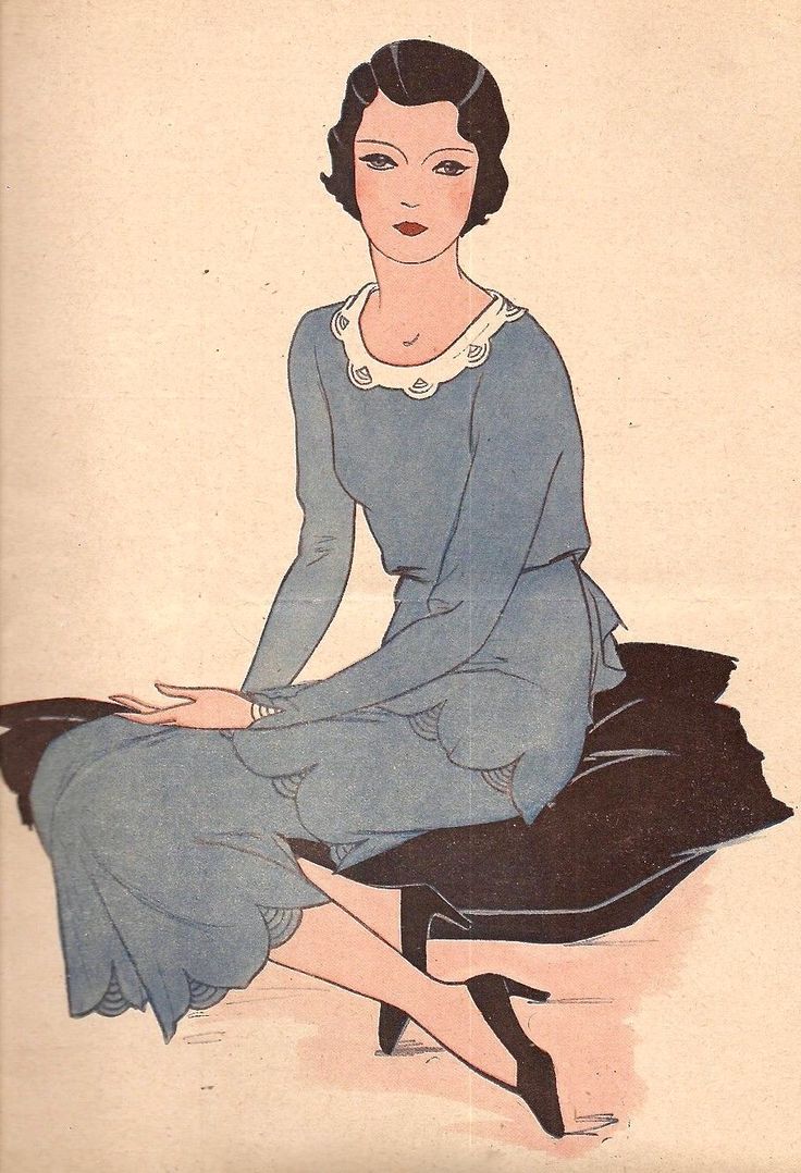 a drawing of a woman sitting on the ground wearing a blue dress and black shoes