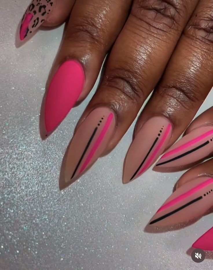 Almond Hot Pink Nails Designs, Pink Lines Nails, Black And Hot Pink Nails Ideas, Corporate Nail Designs, Almond Stiletto Nails Design, Pink Birthday Nails Almond, Hot Pink Nails Black Women, Hot Pink Black Nails, Pointed Almond Nails