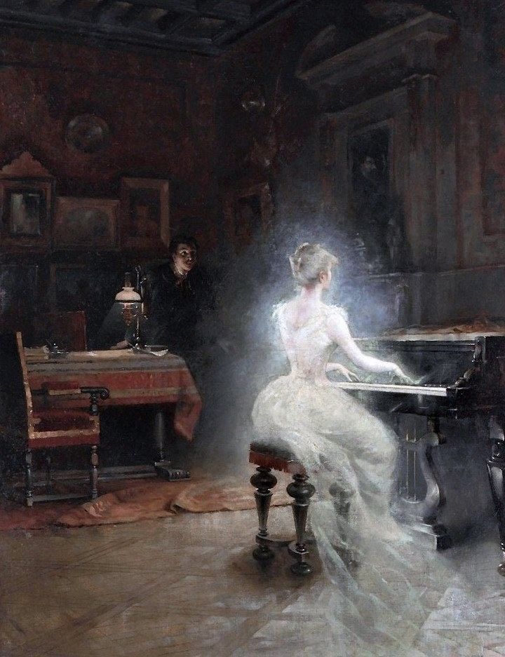 a painting of a woman sitting at a table with a piano in front of her